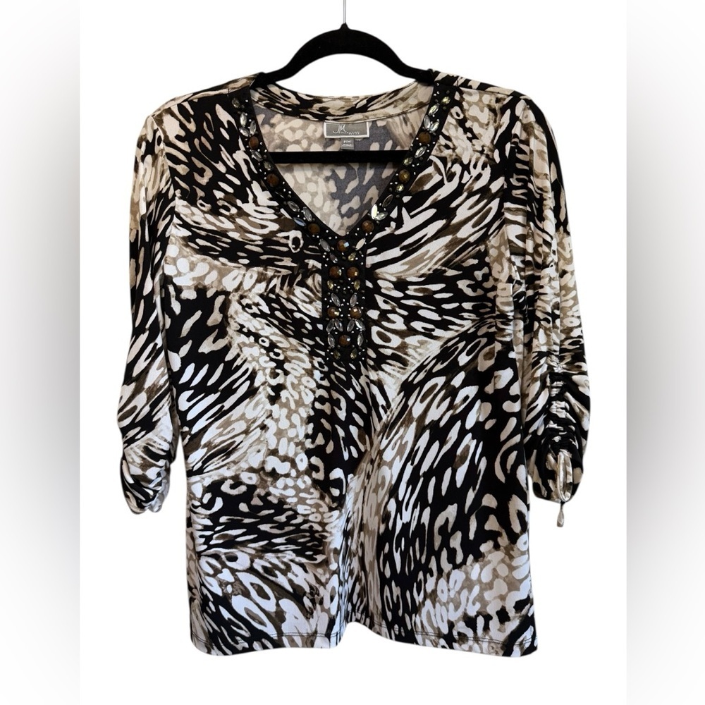 JM Collection Black brown Cream modern animal print Blouse tasteful bling PM
